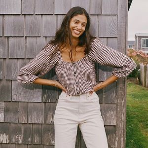 Madewell Puff-Sleeve Button-Front Crop Top in Plaid